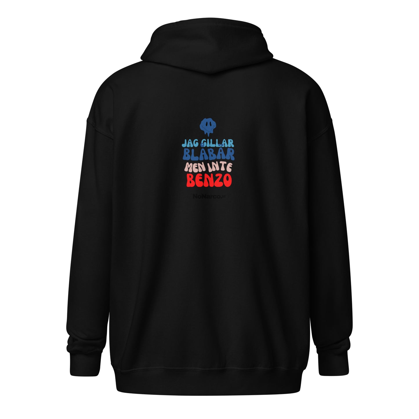 Hoodie, "jag gillar blåbär men inte Benzo"