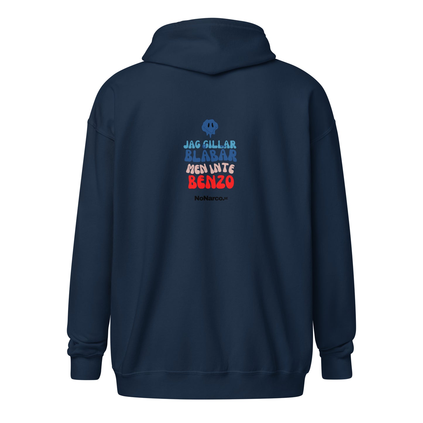 Hoodie, "jag gillar blåbär men inte Benzo"